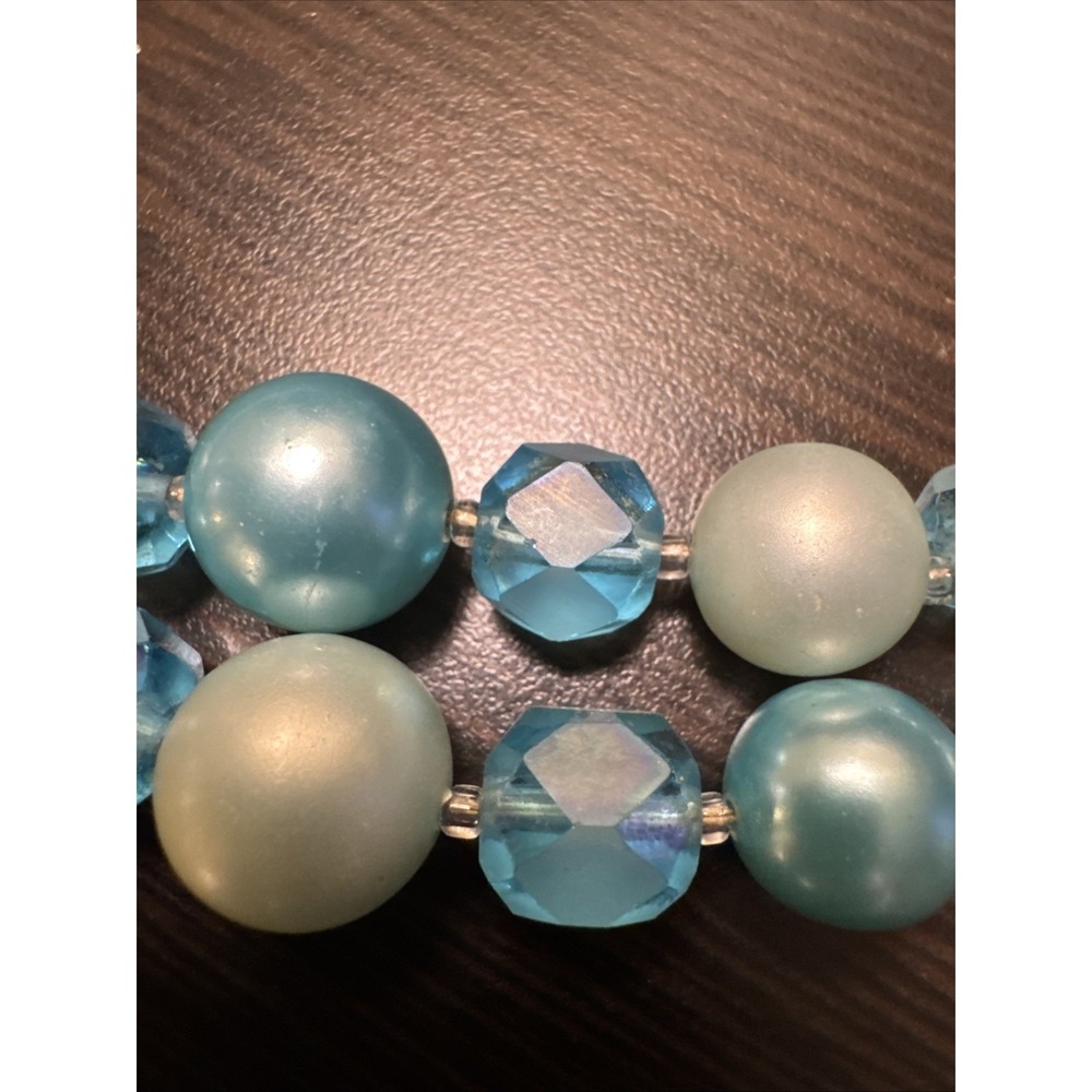 Vintage Japan Double Strand Blue Faux Pearl Faceted Bead Necklace J-Hook Clasp - Picture 2 of 8